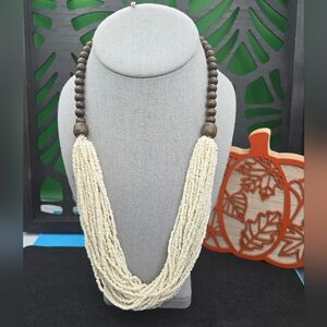Boho Cream Bead Brown Wood Bead Necklace